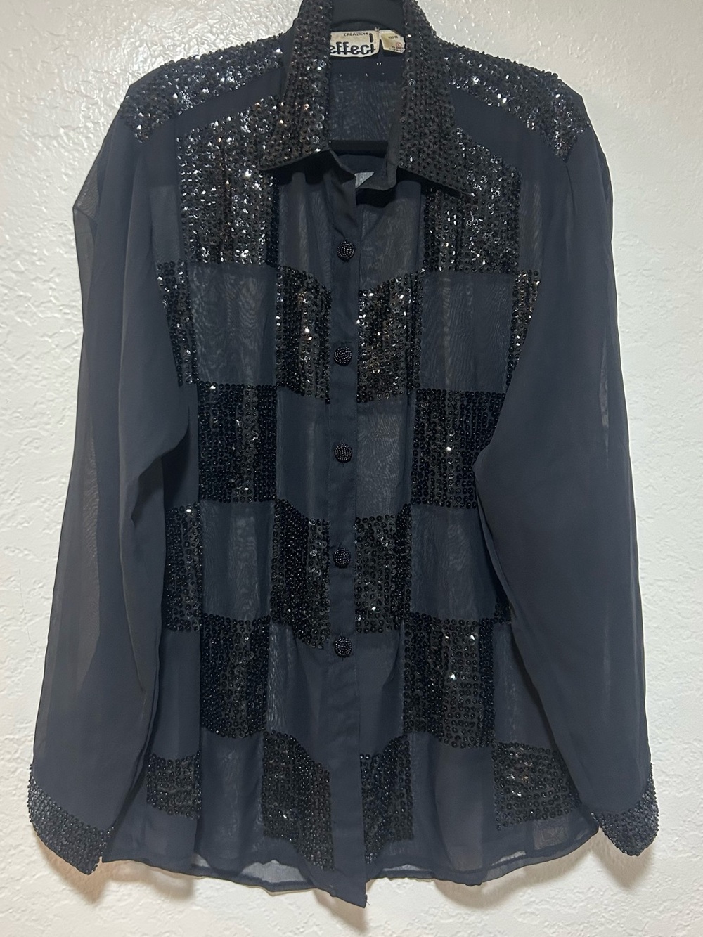 Vintage Effeci Black Sequin-Check Sheer Glam Button-Down Men’s Shirt